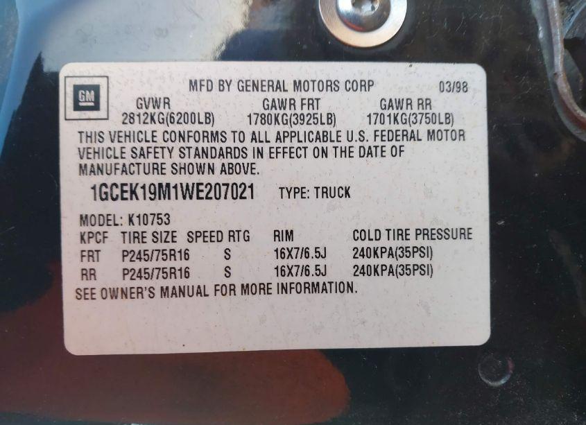 Photo 9 of 1998 Chevrolet K1500 FLEETSIDE (VIN 1GCEK19M1WE207021)