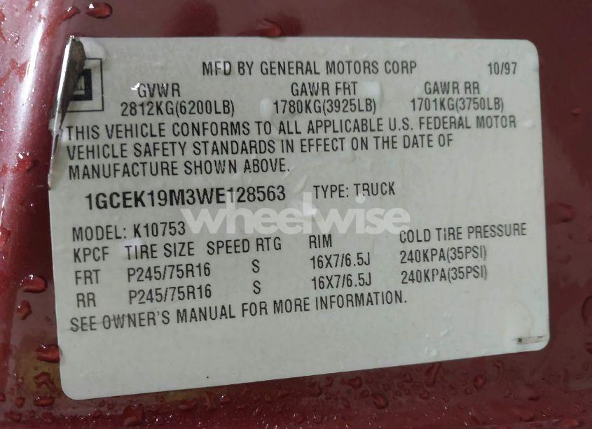 Photo 9 of 1998 Chevrolet K1500 FLEETSIDE (VIN 1GCEK19M3WE128563)