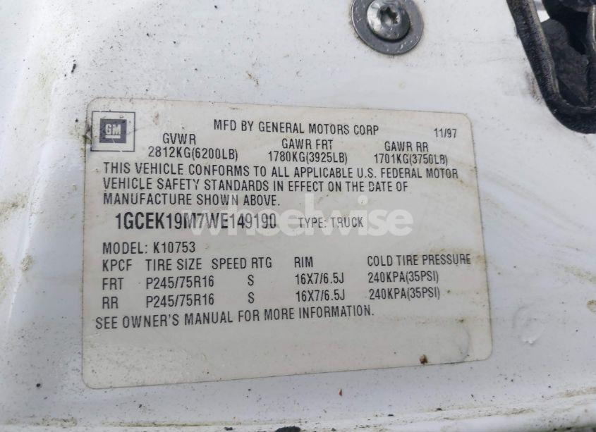 Photo 9 of 1998 Chevrolet K1500 FLEETSIDE (VIN 1GCEK19M7WE149190)