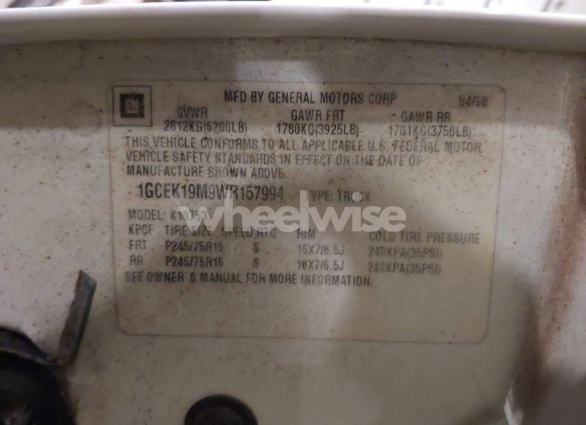 Photo 9 of 1998 Chevrolet K1500 FLEETSIDE (VIN 1GCEK19M9WR157994)