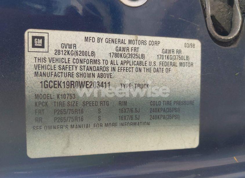 Photo 9 of 1998 Chevrolet K1500 FLEETSIDE (VIN 1GCEK19R0WE203411)