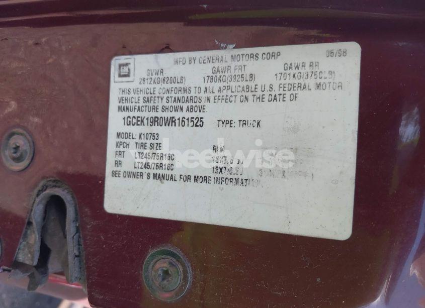 Photo 9 of 1998 Chevrolet K1500 FLEETSIDE (VIN 1GCEK19R0WR161525)