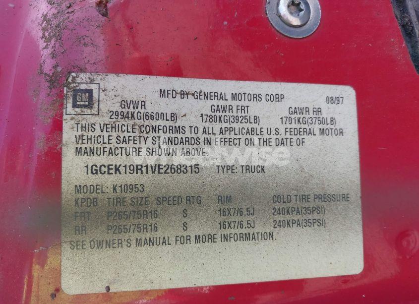 Photo 9 of 1997 Chevrolet K1500 FLEETSIDE (VIN 1GCEK19R1VE268315)