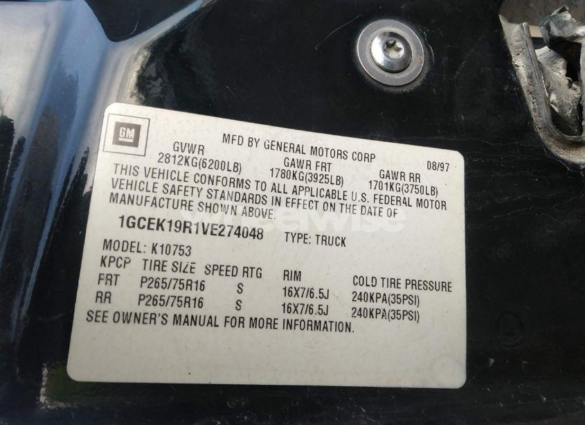 Photo 9 of 1997 Chevrolet K1500 FLEETSIDE (VIN 1GCEK19R1VE274048)