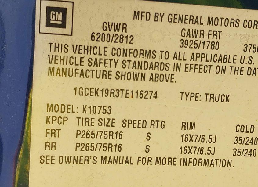 Photo 9 of 1996 Chevrolet Gmt-400 K1500 (VIN 1GCEK19R3TE116274)