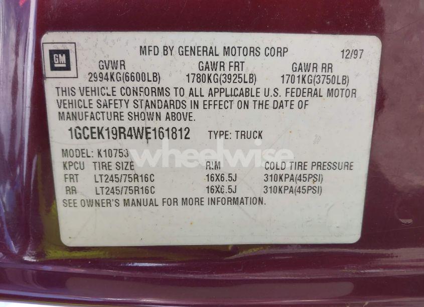 Photo 9 of 1998 Chevrolet K1500 FLEETSIDE (VIN 1GCEK19R4WE161812)