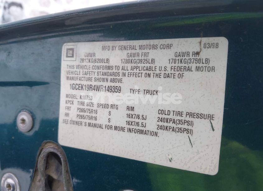 Photo 9 of 1998 Chevrolet K1500 FLEETSIDE (VIN 1GCEK19R4WR149359)