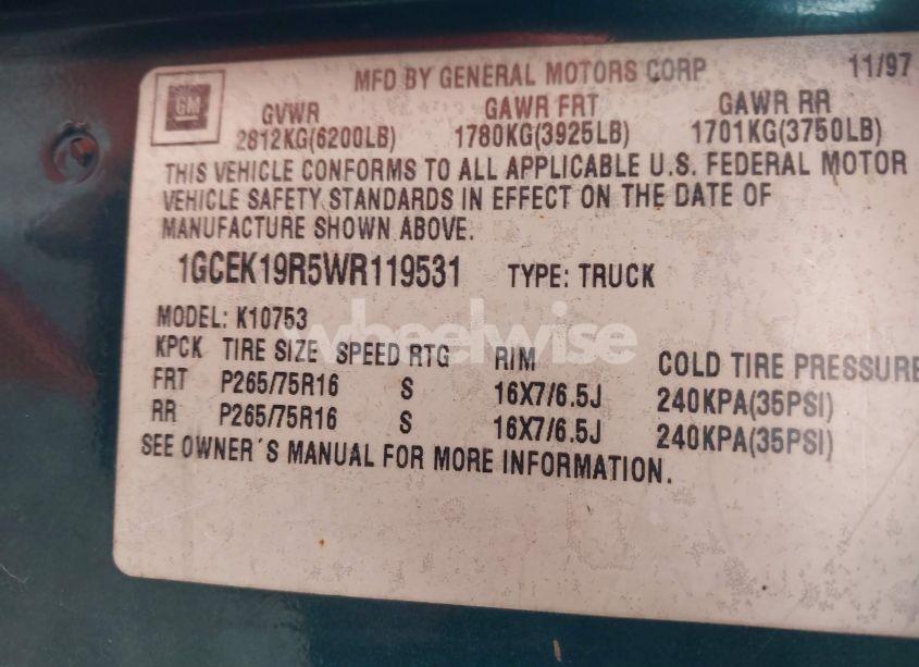 Photo 9 of 1998 Chevrolet K1500 FLEETSIDE (VIN 1GCEK19R5WR119531)