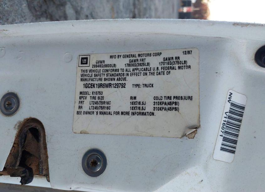 Photo 9 of 1998 Chevrolet K1500 FLEETSIDE (VIN 1GCEK19R6WR129792)