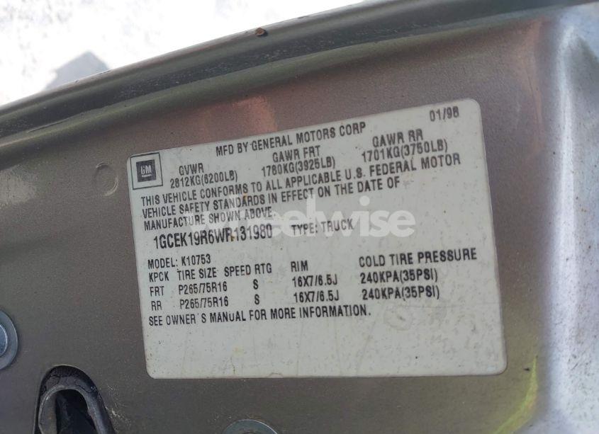 Photo 9 of 1998 Chevrolet K1500 FLEETSIDE (VIN 1GCEK19R6WR131980)