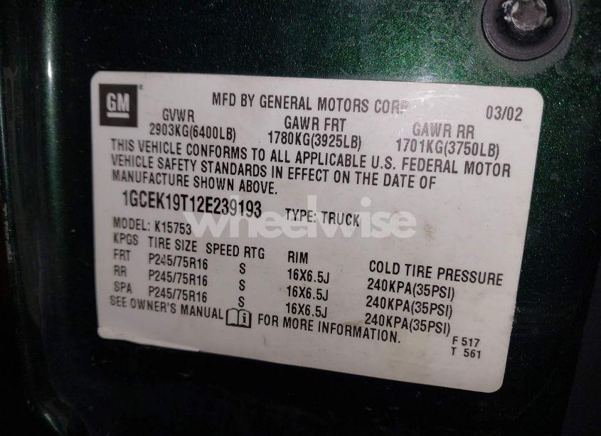 Photo 9 of 2002 Chevrolet Silverado 1500 LS (VIN 1GCEK19T12E239193)