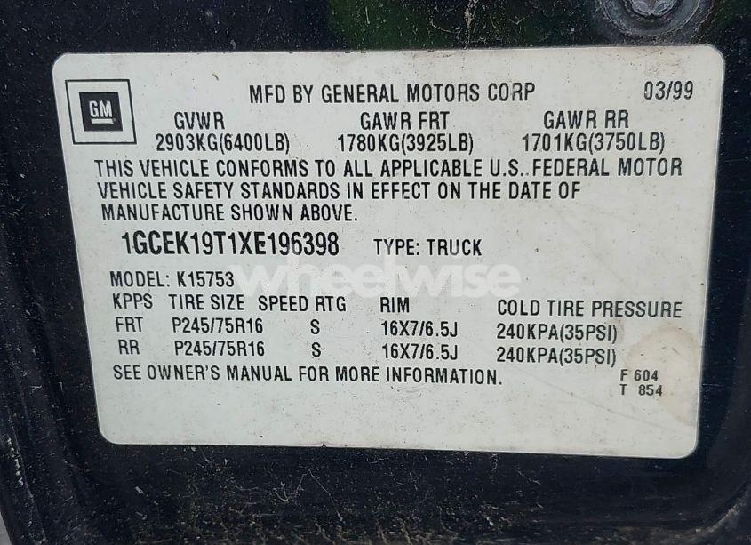 Photo 9 of 1999 Chevrolet Silverado 1500 LT (VIN 1GCEK19T1XE196398)