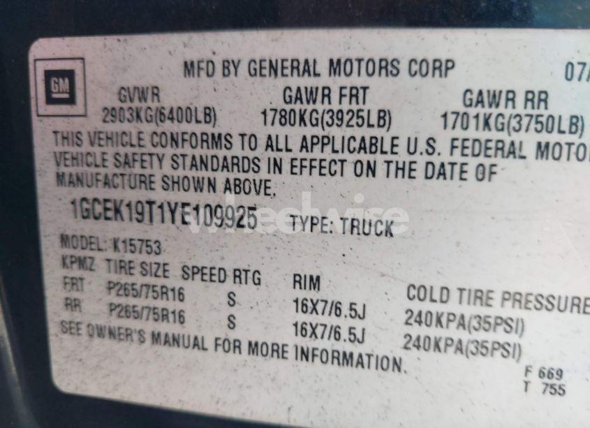 Photo 9 of 2000 Chevrolet Silverado 1500 LT (VIN 1GCEK19T1YE109925)