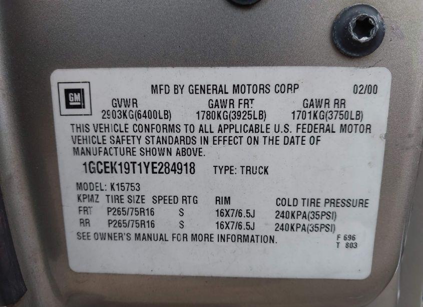 Photo 9 of 2000 Chevrolet Silverado 1500 LT (VIN 1GCEK19T1YE284918)