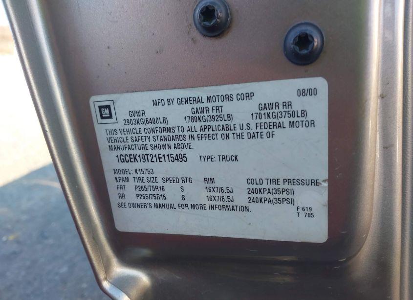 Photo 9 of 2001 Chevrolet Silverado 1500 LT (VIN 1GCEK19T21E115495)