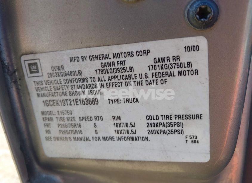 Photo 9 of 2001 Chevrolet Silverado 1500 LT (VIN 1GCEK19T21E163689)