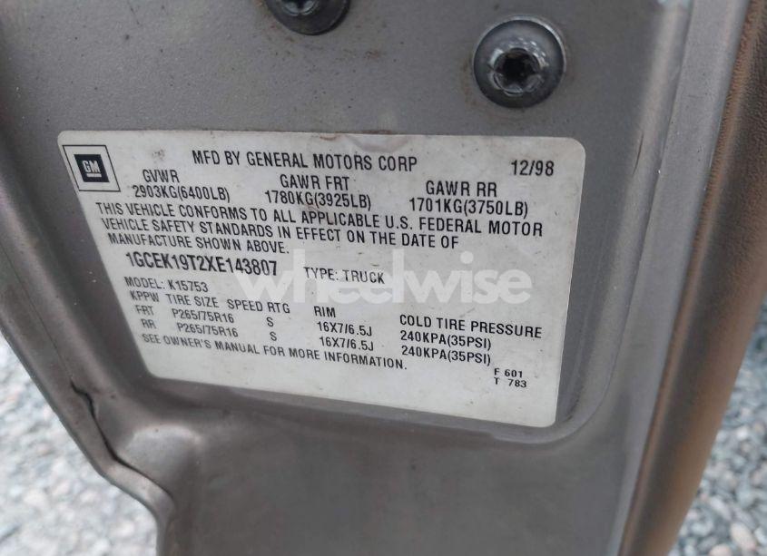 Photo 9 of 1999 Chevrolet Silverado 1500 LT (VIN 1GCEK19T2XE143807)