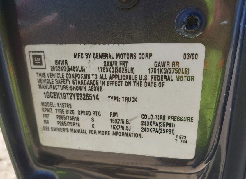 Photo 9 of 2000 Chevrolet Silverado 1500 LT (VIN 1GCEK19T2YE326514)