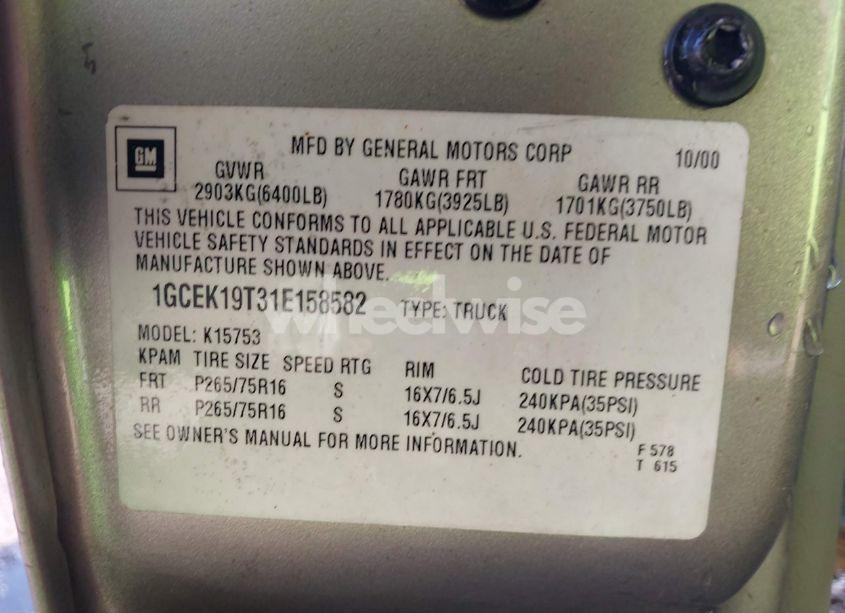 Photo 9 of 2001 Chevrolet Silverado 1500 LT (VIN 1GCEK19T31E158582)