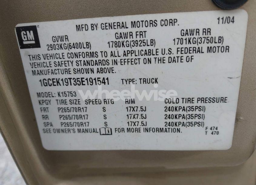 Photo 9 of 2005 Chevrolet Silverado 1500 LS (VIN 1GCEK19T35E191541)