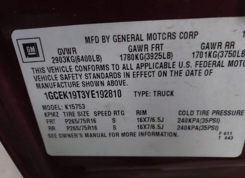 Photo 9 of 2000 Chevrolet Silverado 1500 LS (VIN 1GCEK19T3YE192810)