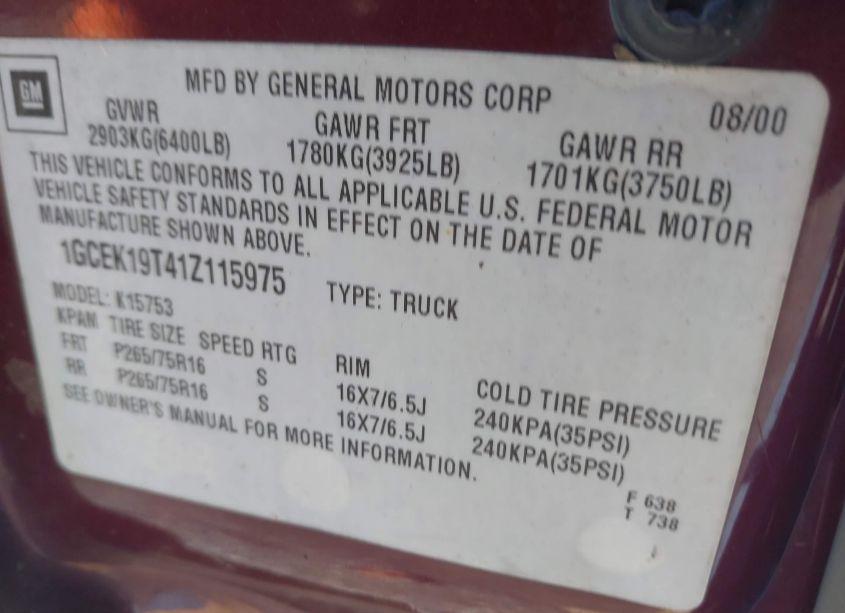 Photo 9 of 2001 Chevrolet Silverado 1500 LS (VIN 1GCEK19T41Z115975)