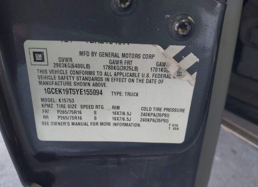 Photo 9 of 2000 Chevrolet Silverado 1500 LS (VIN 1GCEK19T5YE155094)