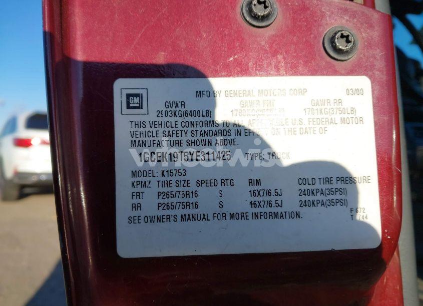 Photo 9 of 2000 Chevrolet Silverado 1500 LT (VIN 1GCEK19T5YE311425)