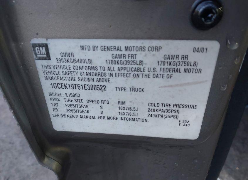 Photo 9 of 2001 Chevrolet Silverado 1500 LS (VIN 1GCEK19T61E300522)