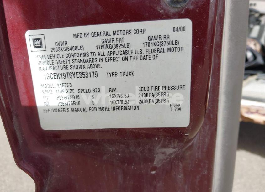 Photo 9 of 2000 Chevrolet Silverado 1500 LT (VIN 1GCEK19T6YE353179)