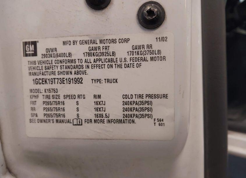 Photo 9 of 2003 Chevrolet Silverado 1500 LS (VIN 1GCEK19T73E191992)