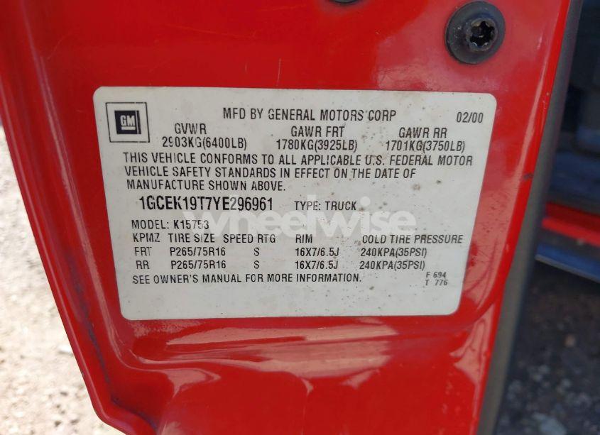 Photo 9 of 2000 Chevrolet Silverado 1500 LS (VIN 1GCEK19T7YE296961)