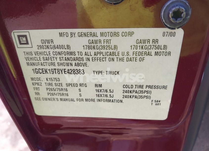 Photo 9 of 2000 Chevrolet Silverado 1500 LS (VIN 1GCEK19T8YE428383)