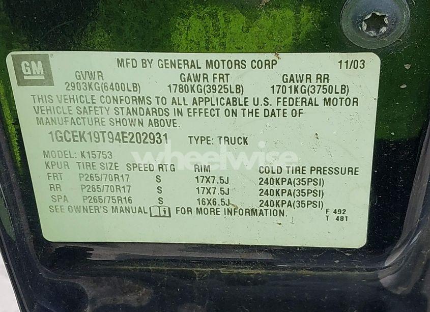 Photo 9 of 2004 Chevrolet Silverado 1500 Z71 (VIN 1GCEK19T94E202931)