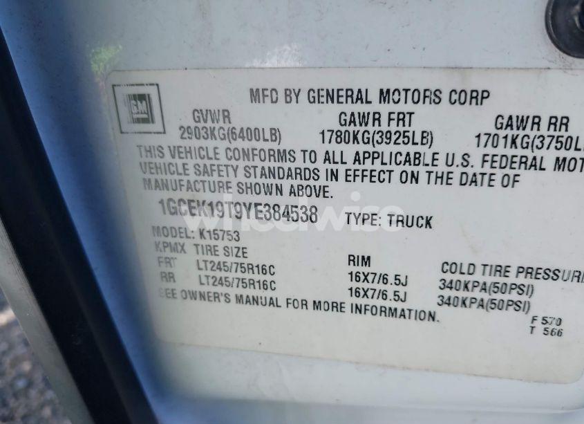 Photo 9 of 2000 Chevrolet Silverado 1500 LS (VIN 1GCEK19T9YE384538)