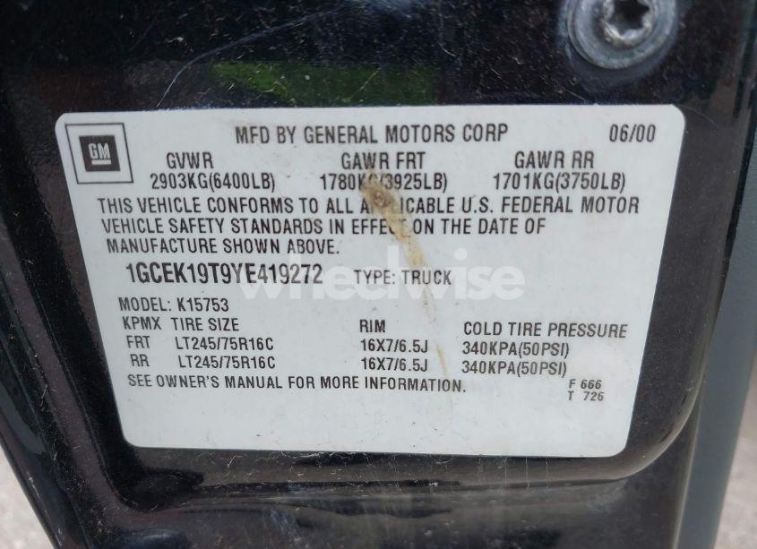 Photo 9 of 2000 Chevrolet Silverado 1500 LS (VIN 1GCEK19T9YE419272)