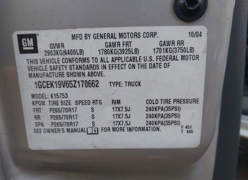 Photo 9 of 2005 Chevrolet Silverado 1500 WORK TRUCK (VIN 1GCEK19V65Z170662)