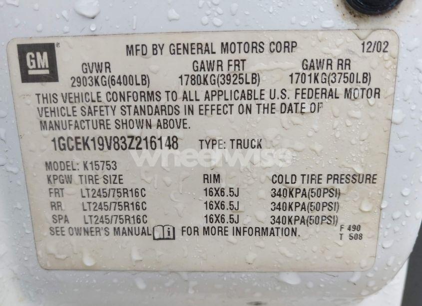 Photo 9 of 2003 Chevrolet Silverado 1500 (VIN 1GCEK19V83Z216148)
