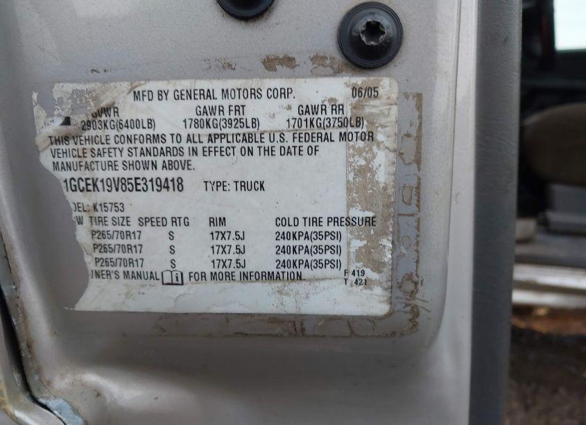 Photo 9 of 2005 Chevrolet Silverado 1500 Z71 (VIN 1GCEK19V85E319418)