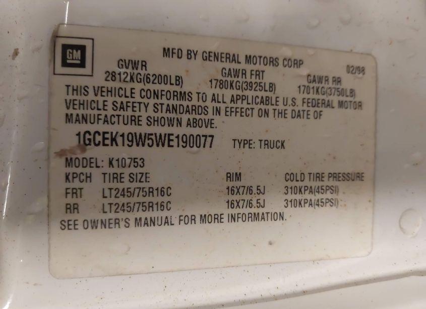 Photo 9 of 1998 Chevrolet K1500 FLEETSIDE (VIN 1GCEK19W5WE190077)