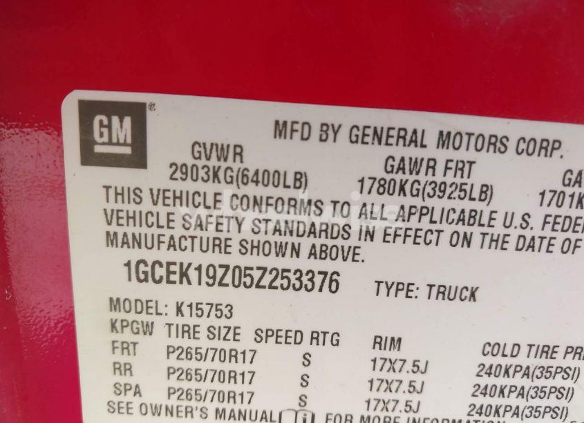 Photo 9 of 2005 Chevrolet Silverado 1500 Z71 (VIN 1GCEK19Z05Z253376)