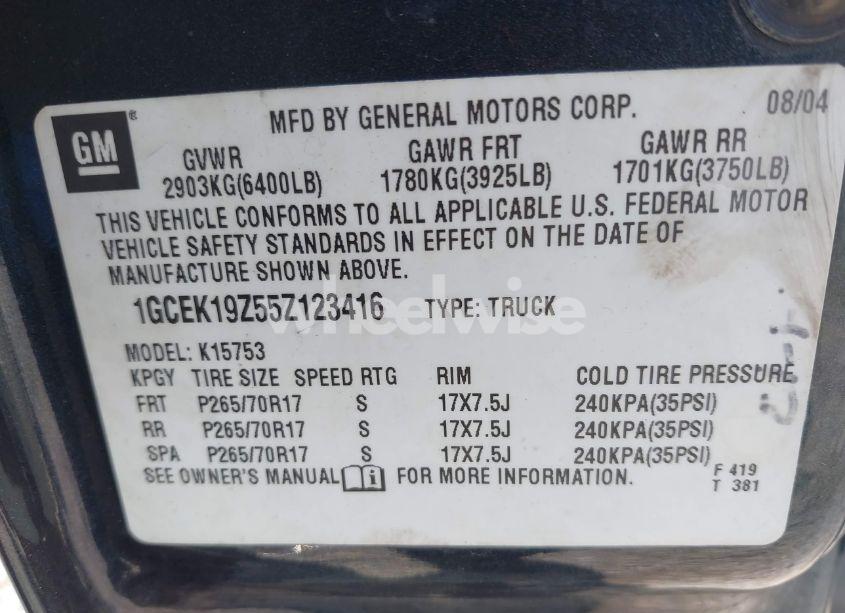 Photo 9 of 2005 Chevrolet Silverado 1500 Z71 (VIN 1GCEK19Z55Z123416)