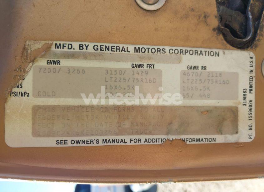 Photo 9 of 1989 Chevrolet Gmt-400 C2500 (VIN 1GCFC24K6KE103258)