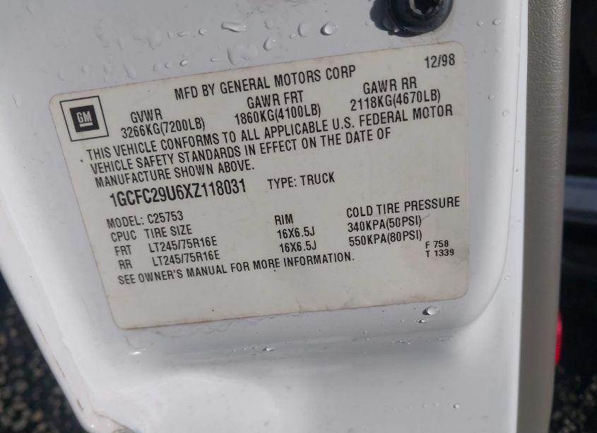 Photo 9 of 1999 Chevrolet Silverado 2500 LS (VIN 1GCFC29U6XZ118031)