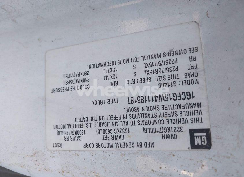 Photo 9 of 2001 Chevrolet Express (VIN 1GCFG15W411185187)