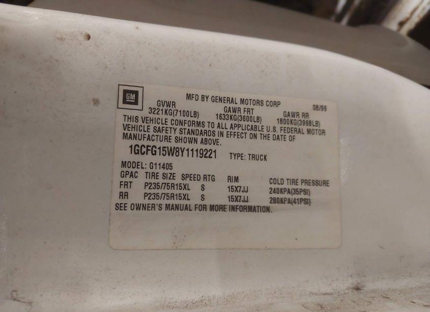 Photo 9 of 2000 Chevrolet Express (VIN 1GCFG15W8Y1119221)