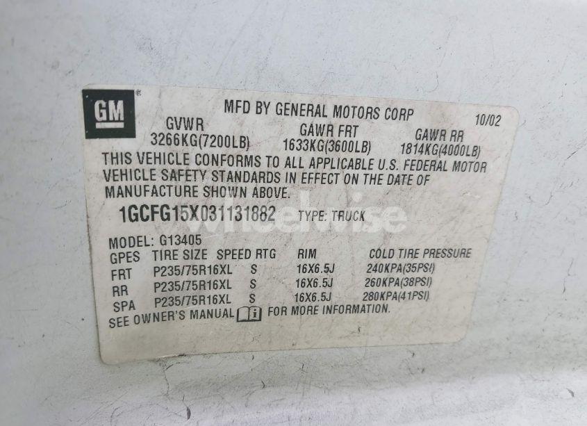 Photo 9 of 2003 Chevrolet Express (VIN 1GCFG15X031131882)