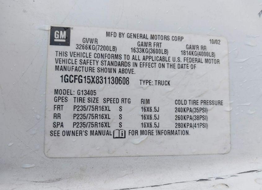 Photo 9 of 2003 Chevrolet Express (VIN 1GCFG15X831130608)