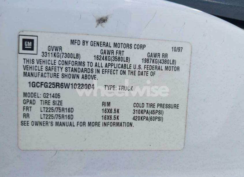 Photo 9 of 1998 Chevrolet Chevy VAN G2500 (VIN 1GCFG25R6W1023004)