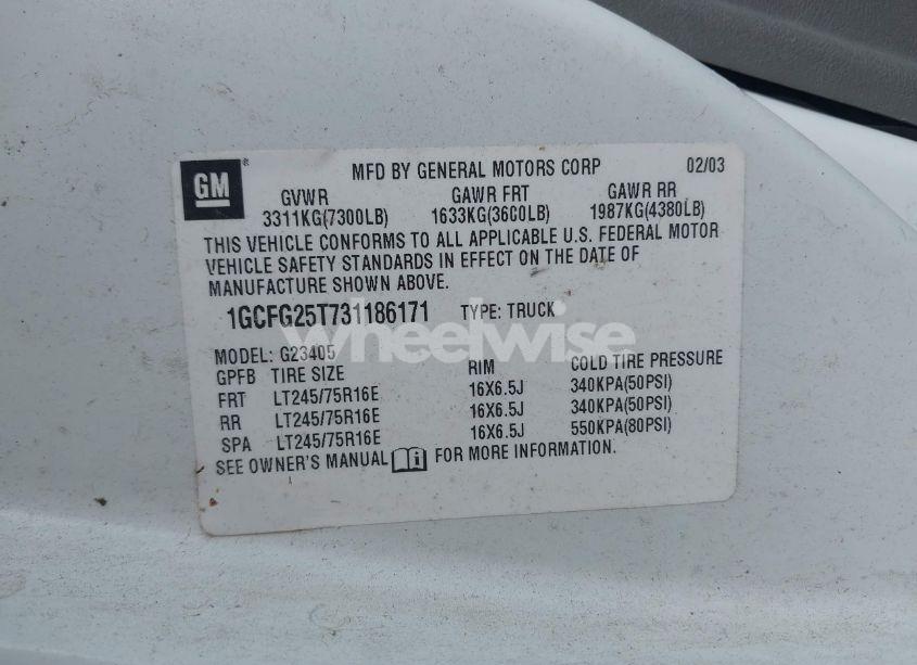 Photo 9 of 2003 Chevrolet Express (VIN 1GCFG25T731186171)